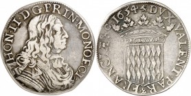 MONACO. Honoré II (1604-1662). Écu 1654. Av. Buste cuirassé à droite. Rv. Écu couronné aux armes des Grimaldi. G. MC34. 23,31 grs. Rare, TTB