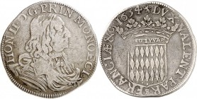 MONACO. Honoré II (1604-1662). Écu 1654. Av. Buste cuirassé à droite. Rv. Écu couronné aux armes des Grimaldi. G. MC34. 26,06 grs. Variété, un point e...
