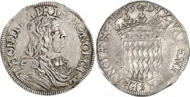 MONACO. Honoré II (1604-1662). Écu 1655. Av. Buste cuirassé à droite. Rv. Écu couronné aux armes des Grimaldi. G. MC34. 27,03 grs. Rare, TTB