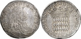 MONACO. Honoré II (1604-1662). Écu 1656. Av. Buste cuirassé à droite. Rv. Écu couronné aux armes des Grimaldi. G. MC34. 26,95 grs. Très rare, petite f...