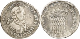 MONACO. Honoré II (1604-1662). 1/2 écu 1648. Av. Buste cuirassé à droite. Rv. Écu couronné aux armes des Grimaldi. G. MC24. 13,18 grs. Très rare, TB...