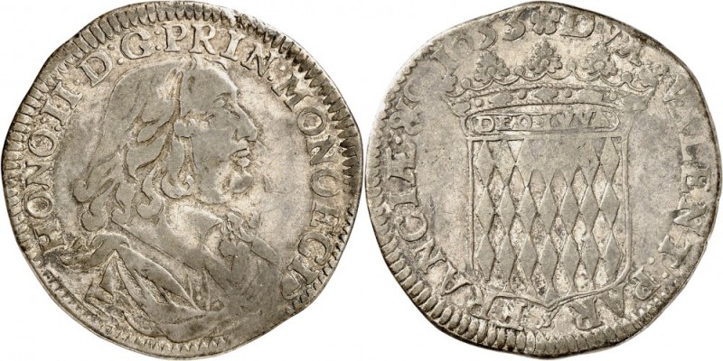 MONACO. Honoré II (1641-1662). ½ écu 1653. Av. Buste drapé et cuirassé à droite....