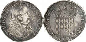 MONACO. Honoré II (1604-1662). 1/2 Écu 1653. Av. Buste drapé et cuirassé à droite. Rv. Écu couronné aux armes des Grimaldi. G. MC25. 13,16 grs. Très r...