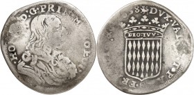 MONACO. Honoré II (1604-1662). 1/6 Écu 1658. Av. Buste drapé et cuirassé à droite. Rv. Écu couronné aux armes des Grimaldi. G. MC18. 3,81 grs. Trou re...