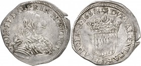 MONACO. Honoré II (1604-1662). 1/12 d’écu 1658. Av. Buste drapé et cuirassé à droite. Rv. Écu couronné aux armes des Grimaldi. G. MC16. 2,32 grs. Flan...