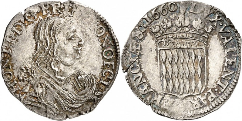 MONACO. Honoré II (1604-1662). 1/12 d’écu 1660. Av. Buste drapé et cuirassé à dr...