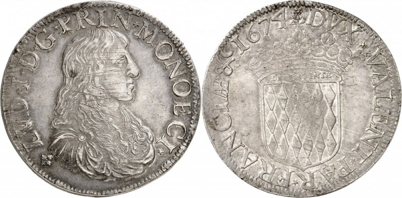 MONACO. Louis Ier(1662-1701). Écu 1674. Av. Buste juvénile drapé à droite. Rv. É...