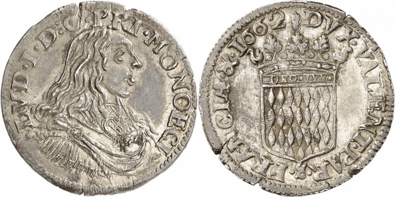 MONACO. Louis Ier (1662-1701). 1/12 d’écu 1662. Av. Buste drapé à droite. Rv. Éc...