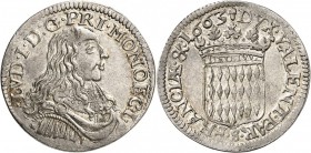 MONACO. Louis Ier (1662-1701). 1/12 d’écu 1663. Av. Buste drapé à droite. Rv. Écu couronné aux armes des Grimaldi. G. MC50. 2,25 grs. Frappe médaille....