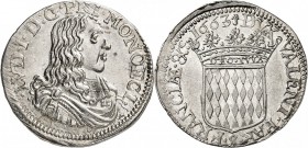 MONACO. Louis Ier (1662-1701). 1/12 d’écu 1663. Av. Buste drapé à droite. Rv. Écu couronné aux armes des Grimaldi. G. MC50. 2,23 grs. Frappe monnaie. ...