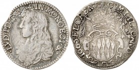 MONACO. Louis Ier (1662-1701). 1/12 d’écu 1665. Av. Buste drapé à gauche. Rv. Écu rond couronné aux armes des Grimaldi. G. MC69. 2,16 grs. Variété, le...