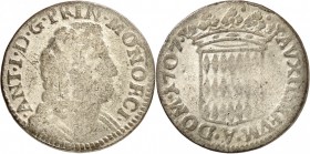 MONACO. Antoine Ier (1701-1731). Pezzetta 1707. Av. Buste cuirassé à droite. Rv. Écu rectangulaire couronné. G. MC90. 4,30 grs. Rarissime, TB