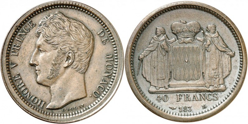 MONACO. Honoré V (1819-1841). 40 francs, paire d'essais unifaces de l’avers et d...