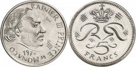 MONACO. Rainier III (1949-2005). 5 francs 1970, première épreuve en nickel. Av. Portrait de Rainier III à gauche et touchant le listel. Rv. La valeur ...