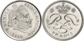 MONACO. Rainier III (1949-2005). 5 francs 1970, deuxième épreuve en nickel. Av. Portrait de Rainier III au centre et légende circulaire. Rv. La valeur...