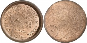 MONACO. Rainier III (1949-2005). 5 francs 1970, essai uniface de l'avers de la deuxième épreuve en cuivre. Av. Portrait de Rainier III au centre et lé...