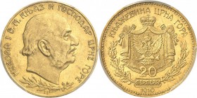MONTÉNÉGRO. Nicolas Ier (1910-1918). 20 perpera 1910, Vienne. Av. Tête nue à droite. Rv. Écu posé sur une couronne. Fr. 2. 6,77 grs. PCGS MS 61, Super...