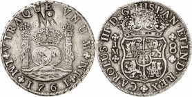 MOZAMBIQUE. Colonie portugaise. Contremarque MR sur une monnaie de 8 reales 1761, Lima. Av. Écu couronné. Rv. Deux globes couronnés entre les colonnes...