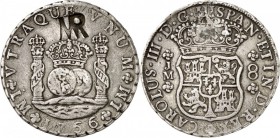 MOZAMBIQUE. Colonie portugaise. Contremarque MR sur une monnaie de 8 reales 1766, Lima. Av. Écu couronné. Rv. Deux globes couronnés entre les colonnes...