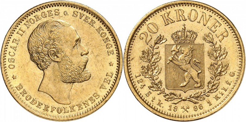 NORVÈGE. Oscar II (1872-1902). 20 couronnes 1886. Av. Tête à droite. Rv. Écu dan...