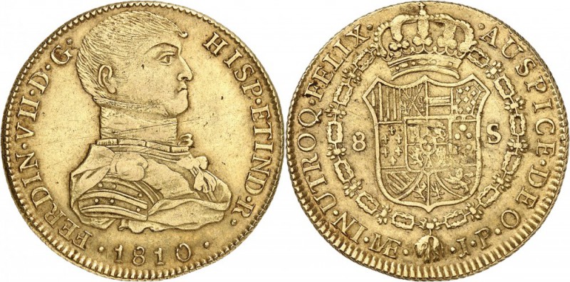 PÉROU. Ferdinand VII (1808-1824). 8 escudos 1810 Lima. Av. Buste habillé à droit...