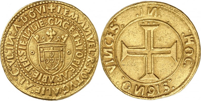 PORTUGAL. Manuel Ier (1495-1521). Português de 10 cruzados, Lisbonne. Av. Écu co...