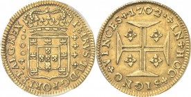 PORTUGAL. Pierre II (1683-1706). 4000 reis 1702, Lisbonne. Av. Écu couronné. Rv. Croix. Fr. 76, Gomes. 33.12. 10,55 grs. PCGS AU 55. Rare, Superbe