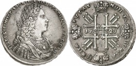 RUSSIE. Pierre II (1727-1730). Rouble 1728, Moscou. Av. Buste drapé et lauré à droite. Rv. Date dans une croix formée de quatre Π sous quatre couronne...