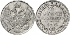 RUSSIE. Nicolas Ier (1825-1855). 3 roubles en platine 1842, Saint-Petersbourg. Av. Aigle bicéphale. Rv. Légende circulaire, à l’intérieur la valeur et...