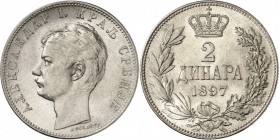 SERBIE. Alexandre Ier (1889-1903). 2 dinara 1897, Vienne. Av. Tête à gauche. Rv. Valeur dans une couronne. Km. 22. 10,00 grs. *voir également le numér...