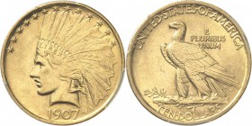 USA. 10 dollars Indien 1907 « No Motto », Philadelphie. Av. Tête d’indien à gauche. Rv. Aigle à gauche. Fr. 164. 16,71 grs. PCGS MS 62.