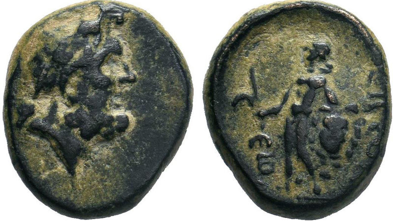 Lykaonia, Eikonion Æ. c. 1st C. BC. Head of Zeus r. / Perseus walking l., holdin...