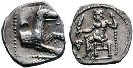 Cilicia, Tarsos. Mazaios (361-334 BC). AR Obol (9-10 mm, 0.62 g).
Obv. Zeus-Baal seated left, holding Nike and sceptre; before, bunch of grapes.
Rev...