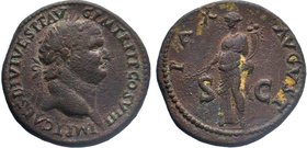 Titus, 79-81. Sestertius , Orichalcum, , Eastern mint, most likely in Thrace, 80-81.
IMP T CAES DIVI VESP F AVG P M TR P P P COS VIII Laureate head o...