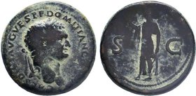 Domitian As Caesar Æ Sestertius. Rome, AD 76. CAES DIVI AVG VESP F DOMITIAN COS VII, Laureate head right / S-C, Spes advancing left, holding flower an...