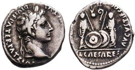 Augustus 27-14 BC. Lugdunum
Denarius AR
CAESAR AVGVSTVS DIVI F PATER PATRIAE Laureate head of Augustus to right / AVGVSTI F COS DESIG PRINC IVVENT /...
