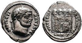 Diocletian AR Argenteus. Nicomedia, AD 295-296.
Laureate head right / Camp gate with four turrets and open doors; star above door; SMNΓ in exergue. R...