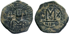 BYZANTINE.Maurice Tiberius, AE Follis. Nicomedia. 582-602 AD. 

Condition: Very Fine

Weight: 11.03 gr
Diameter: 28 mm