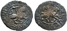Armenia, Gosdantin IV Æ Takvorin of type Pogh. AD 1365-1373. King on horseback riding right / Lion walking right. Cf. AC 498; CCA 2169-2190.

Condit...
