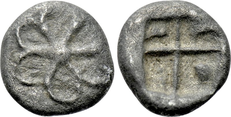 GREEK. Uncertain. Hemiobol (5th - 4th century BC). 

Obv: Stylised blossom wit...