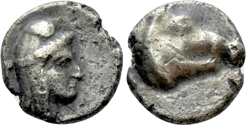 GREEK. Uncertain. Hemiobol (4th century BC). 

Obv: Head of Attis right, weari...