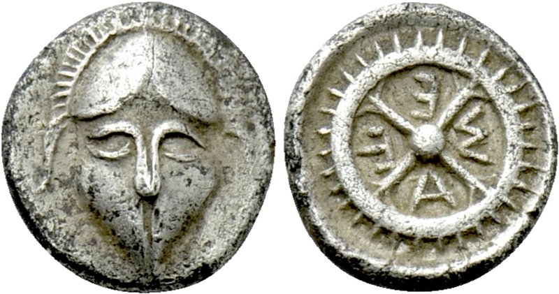 THRACE. Mesambria. Obol (Circa 5th century BC). 

Obv: Facing helmet.
Rev: M ...