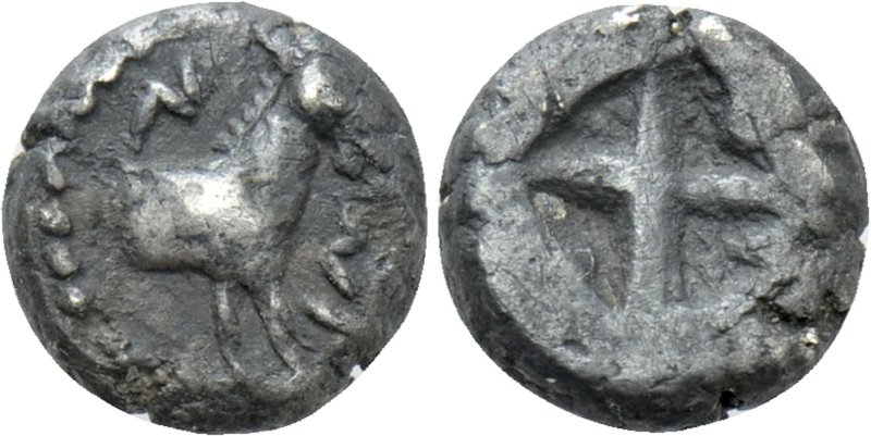 MACEDON. Mende. Hemiobol (Circa 480-460 BC). 

Obv: M[...]N. 
Forepart of ass...