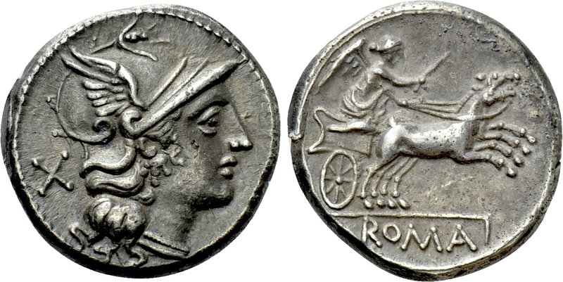 ANONYMOUS. Denarius (157-156 BC). Rome. 

Obv: Helmeted head of Roma right; X ...