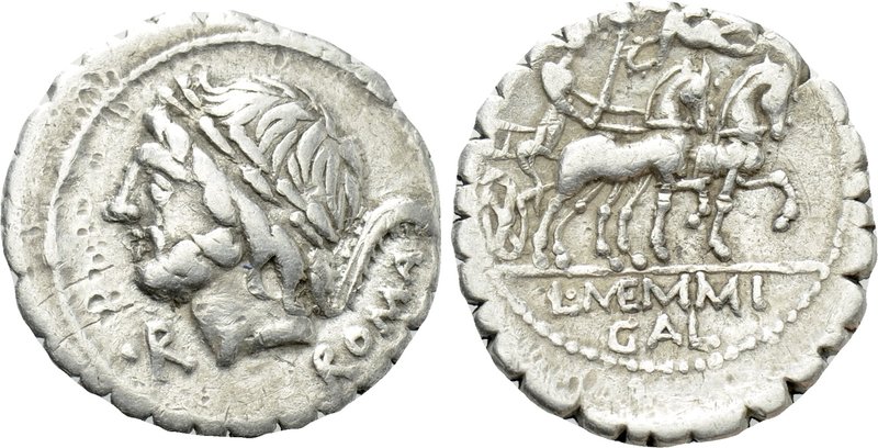 L MEMMIUS GALERIA. Serrate Denarius (106 BC). Rome. 

Obv: ROMA. 
Laureate he...