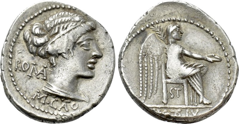 M. CATO. Denarius (89 BC). Rome. 

Obv: ROMA / M CATO. 
Diademed and draped f...