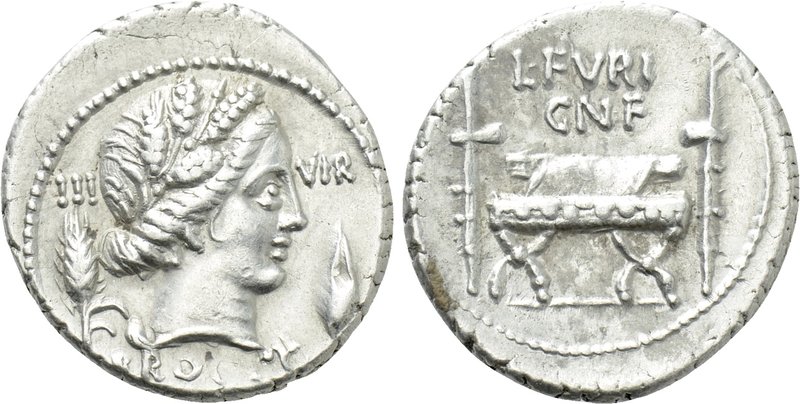 L. FURIUS CN.F. BROCCHUS. Denarius (63 BC). Rome. 

Obv: III - VIR / BROCCHI. ...