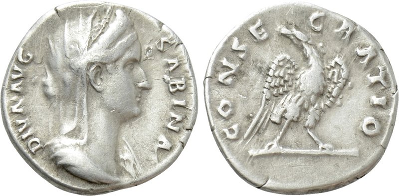 DIVA SABINA (Died 136/7). Denarius. Rome.

Obv: DIVA AVG SABINA.
Draped and v...