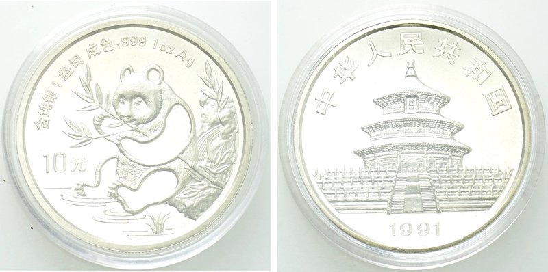 CHINA. Silver 10 Yuan (1991). Panda series. No bottom serifs on date. 

Obv: F...
