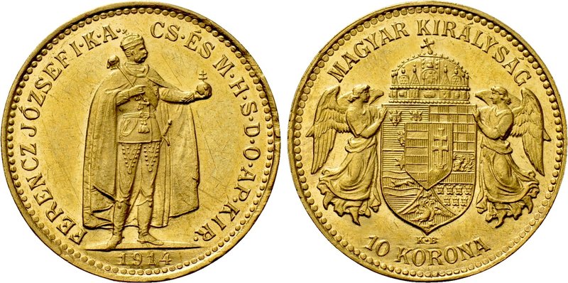 HUNGARY. Franz Joseph I (1848-1916). GOLD 10 Corona (1914 KB). Kremnitz. 

Obv...
